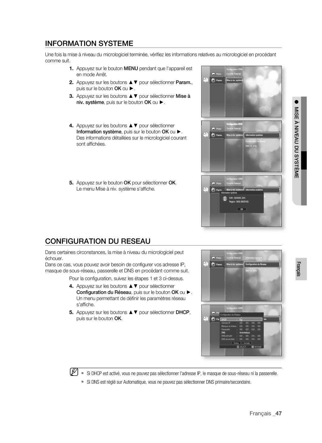 Samsung BD-P1400/XEL manual Information Systeme, Configuration DU Reseau, Mise, Niveau DU Système 