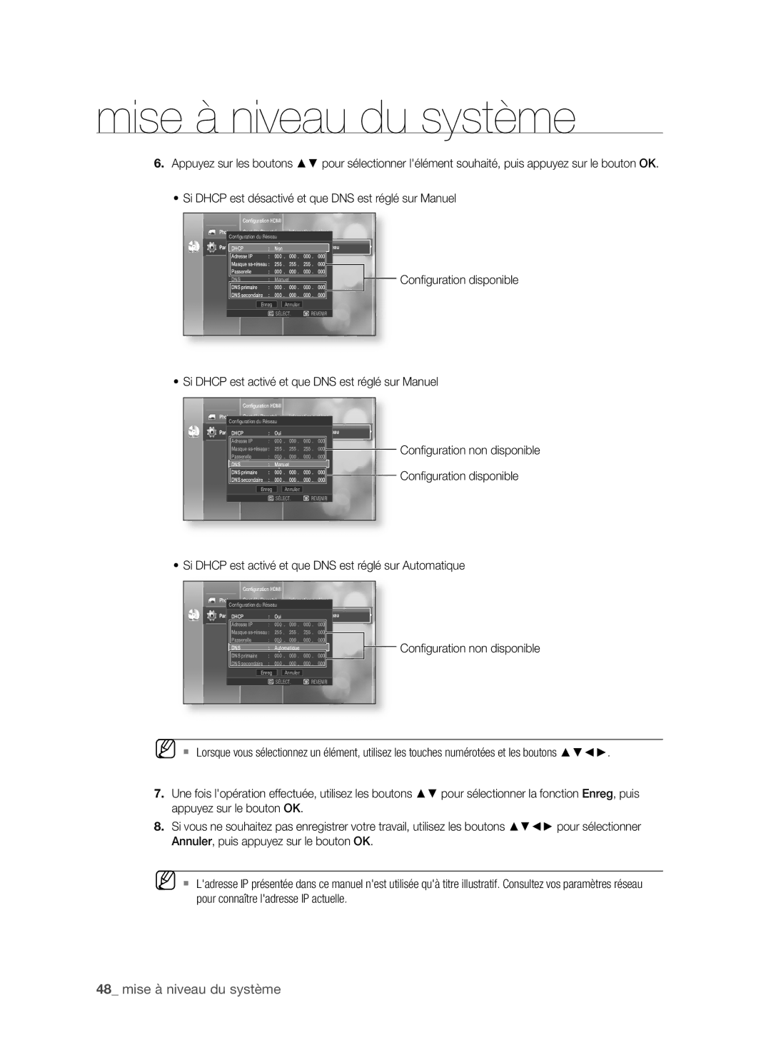 Samsung BD-P1400/XEL manual Si Dhcp est activé et que DNS est réglé sur Manuel, Conﬁguration non disponible 