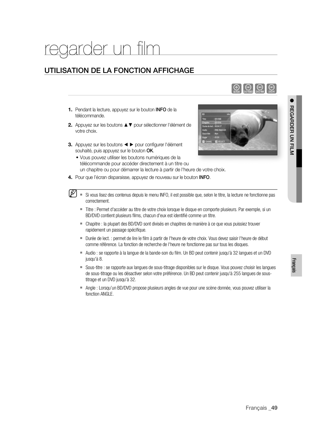 Samsung BD-P1400/XEL manual Regarder un ﬁ lm, Utilisation DE LA Fonction Affichage, Regarder UN Film 