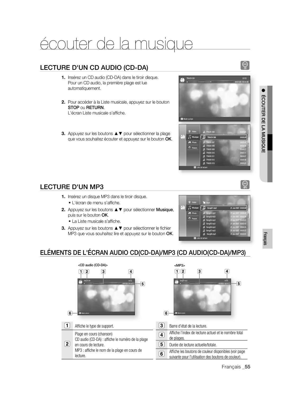 Samsung BD-P1400/XEL manual Écouter de la musique, Lecture DUN CD Audio CD-DA, Lecture DUN MP3 