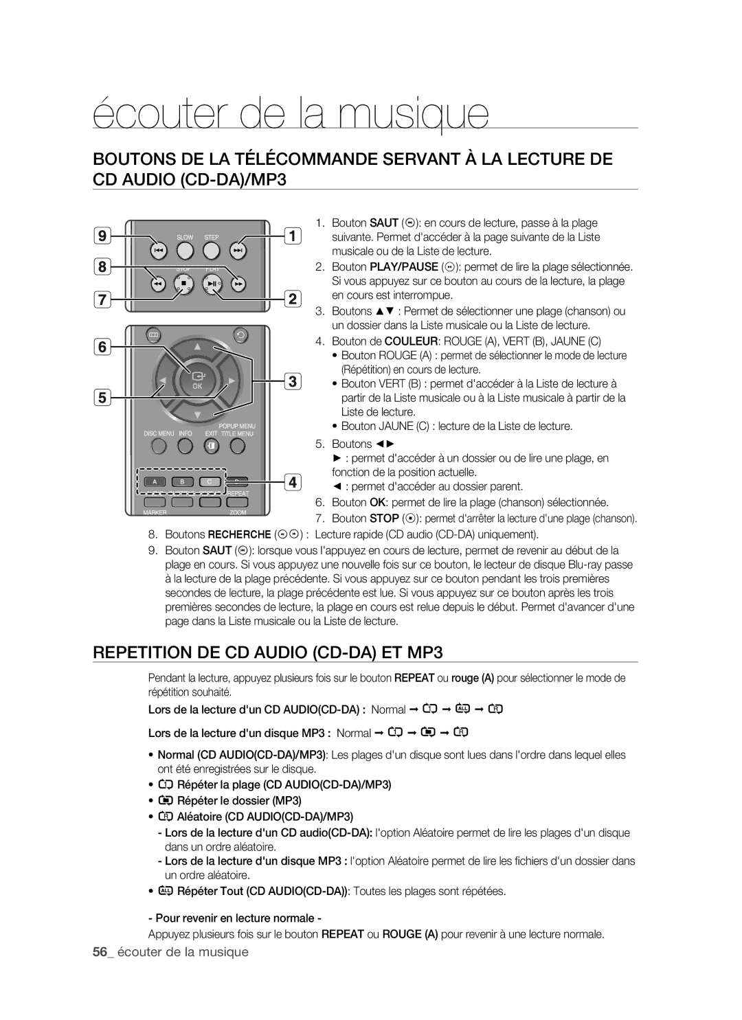 Samsung BD-P1400/XEL manual Repetition DE CD Audio CD-DA ET MP3, Bouton Jaune C lecture de la Liste de lecture, Boutons 