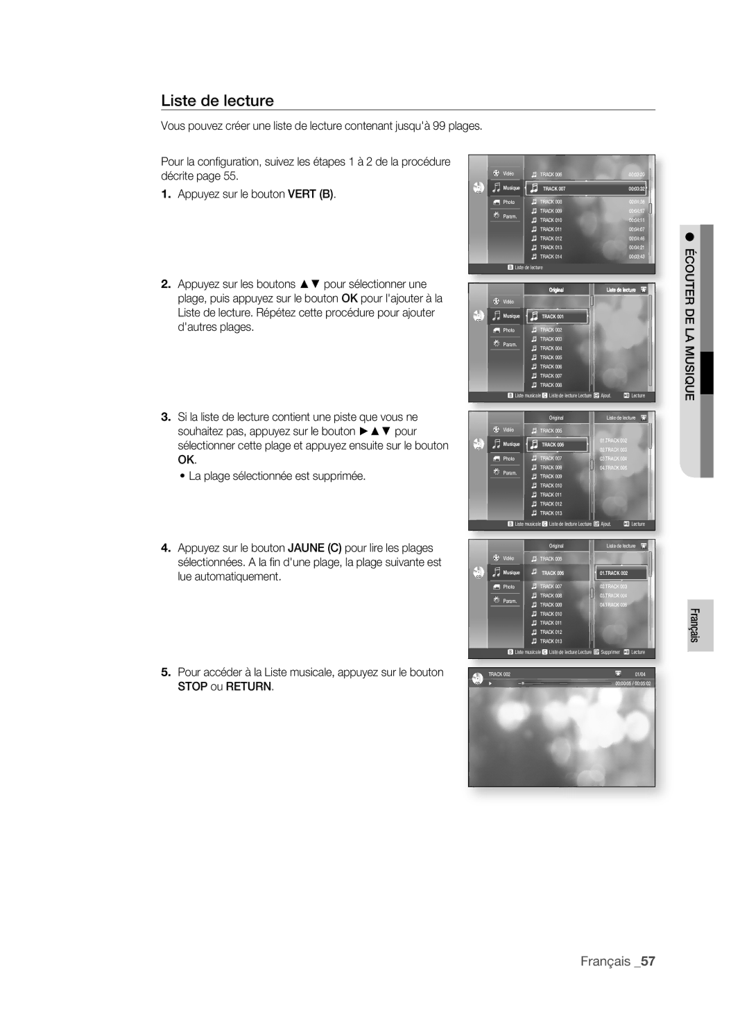 Samsung BD-P1400/XEL manual Liste de lecture, Écouter DE LA Musique 