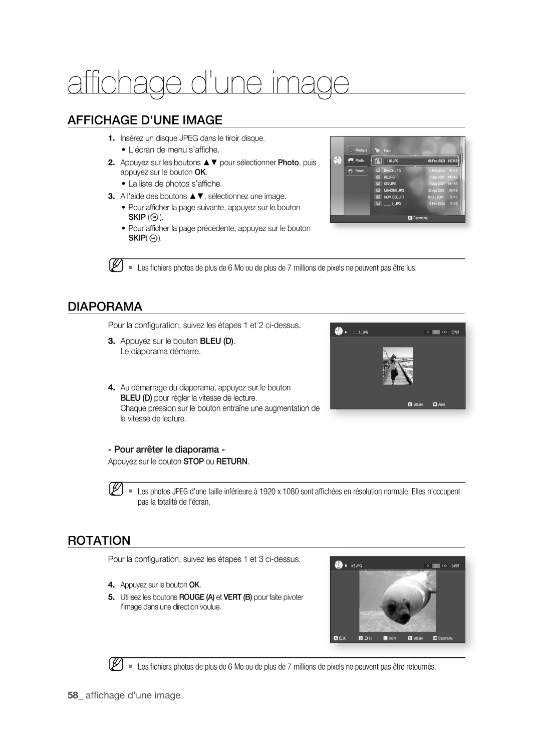 Samsung BD-P1400/XEL manual Afﬁ chage dune image, Affichage Dune Image, Diaporama, Rotation 