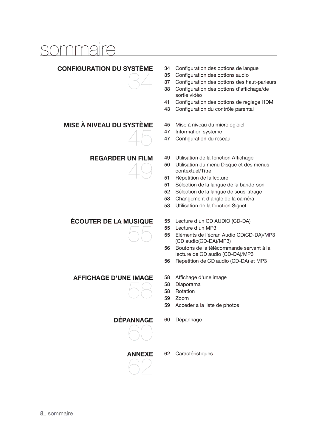 Samsung BD-P1400/XEL Conﬁguration des options de langue, Conﬁguration des options audio, Sortie vidéo, Contextuel/Titre 