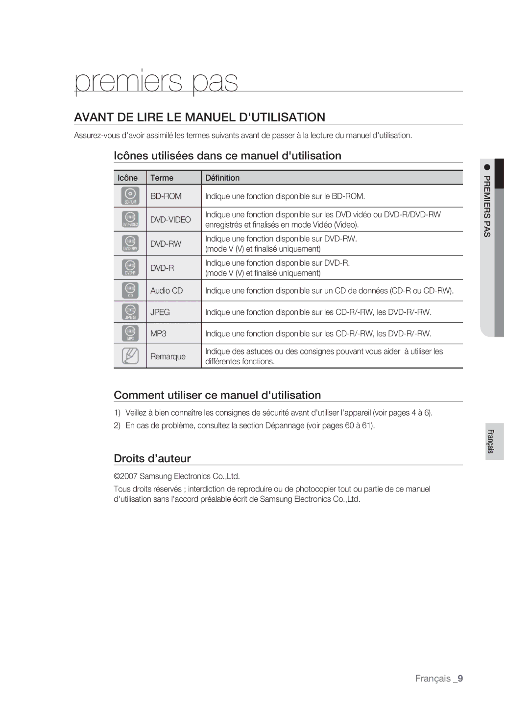 Samsung BD-P1400/XEL Premiers pas, Avant DE Lire LE Manuel Dutilisation, Icônes utilisées dans ce manuel dutilisation 