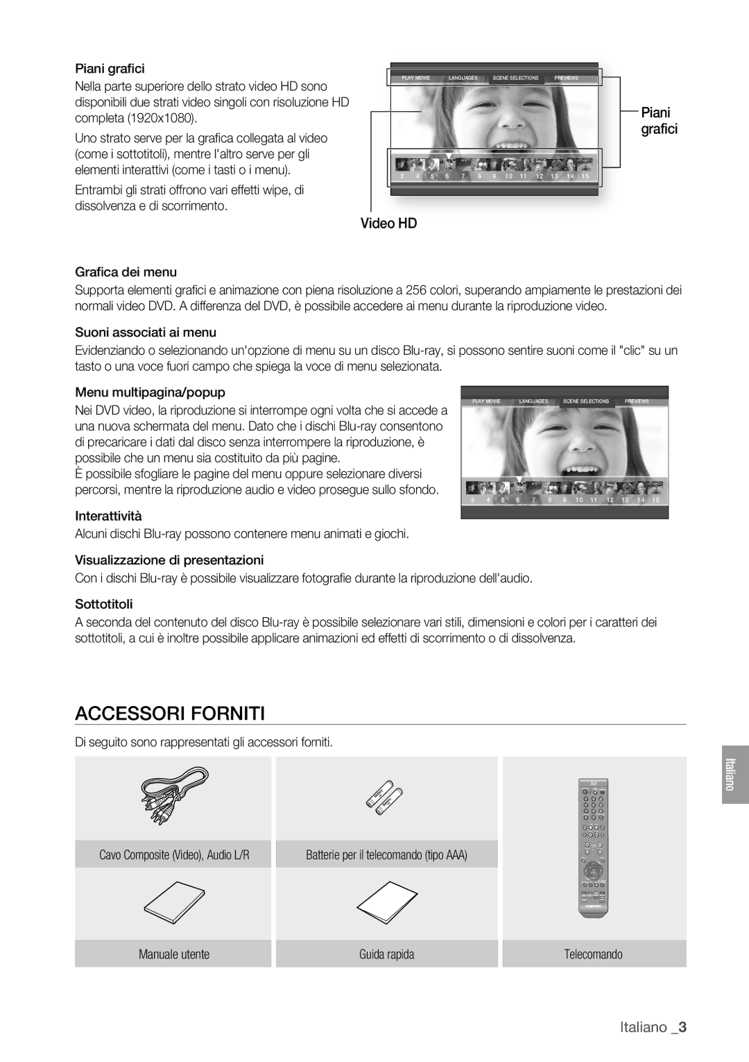 Samsung BD-P1400/XET manual Accessori Forniti, Di seguito sono rappresentati gli accessori forniti 