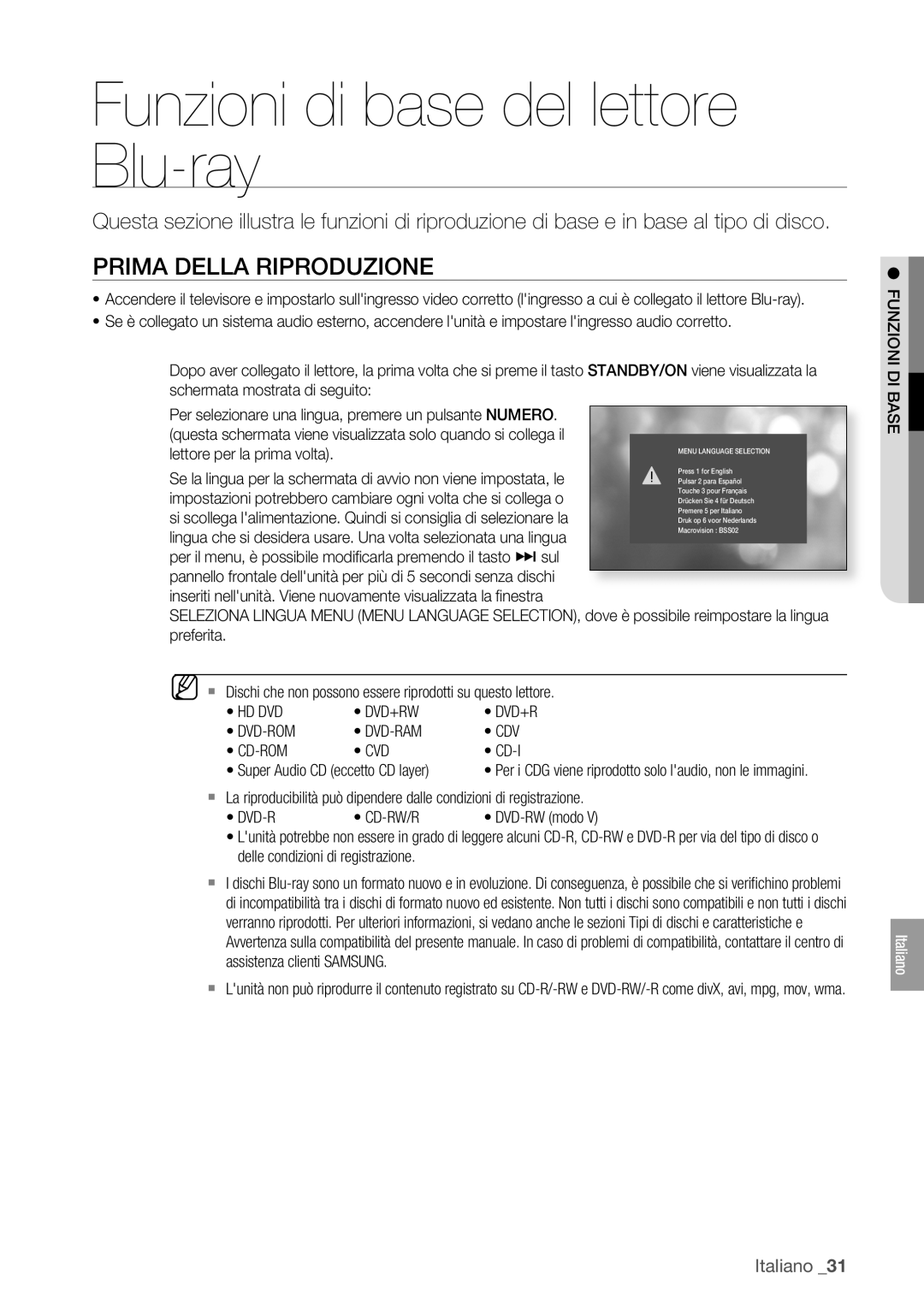 Samsung BD-P1400/XET manual Funzioni di base del lettore Blu-ray, Prima Della Riproduzione, Lettore per la prima volta 