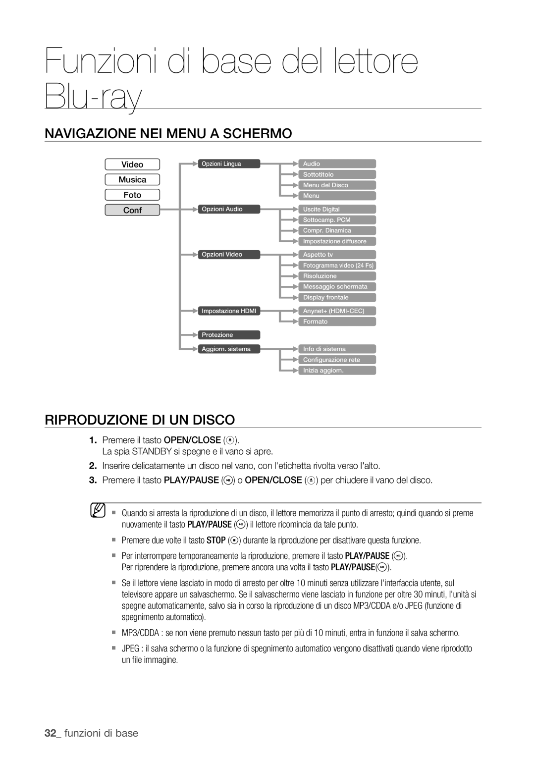 Samsung BD-P1400/XET manual Navigazione NEI Menu a Schermo, Riproduzione DI UN Disco 