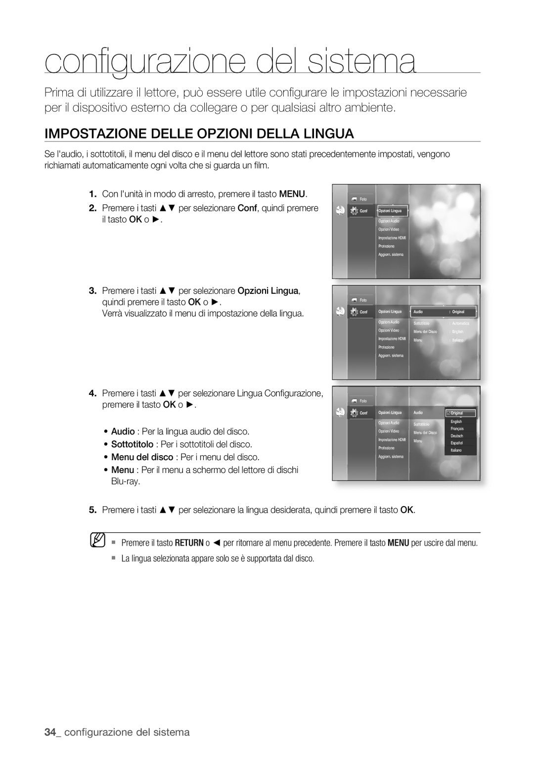 Samsung BD-P1400/XET manual Conﬁ gurazione del sistema, Impostazione Delle Opzioni Della Lingua, Il tasto OK o 