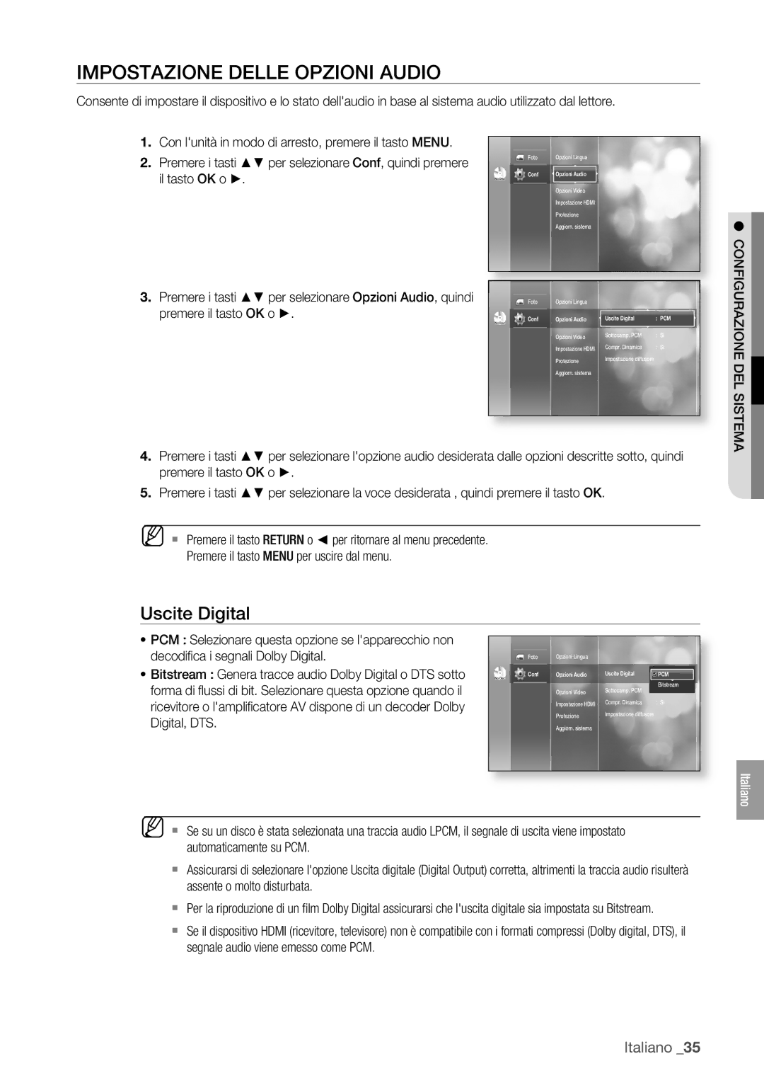 Samsung BD-P1400/XET manual Impostazione Delle Opzioni Audio, Uscite Digital, Configurazione DEL Sistema 