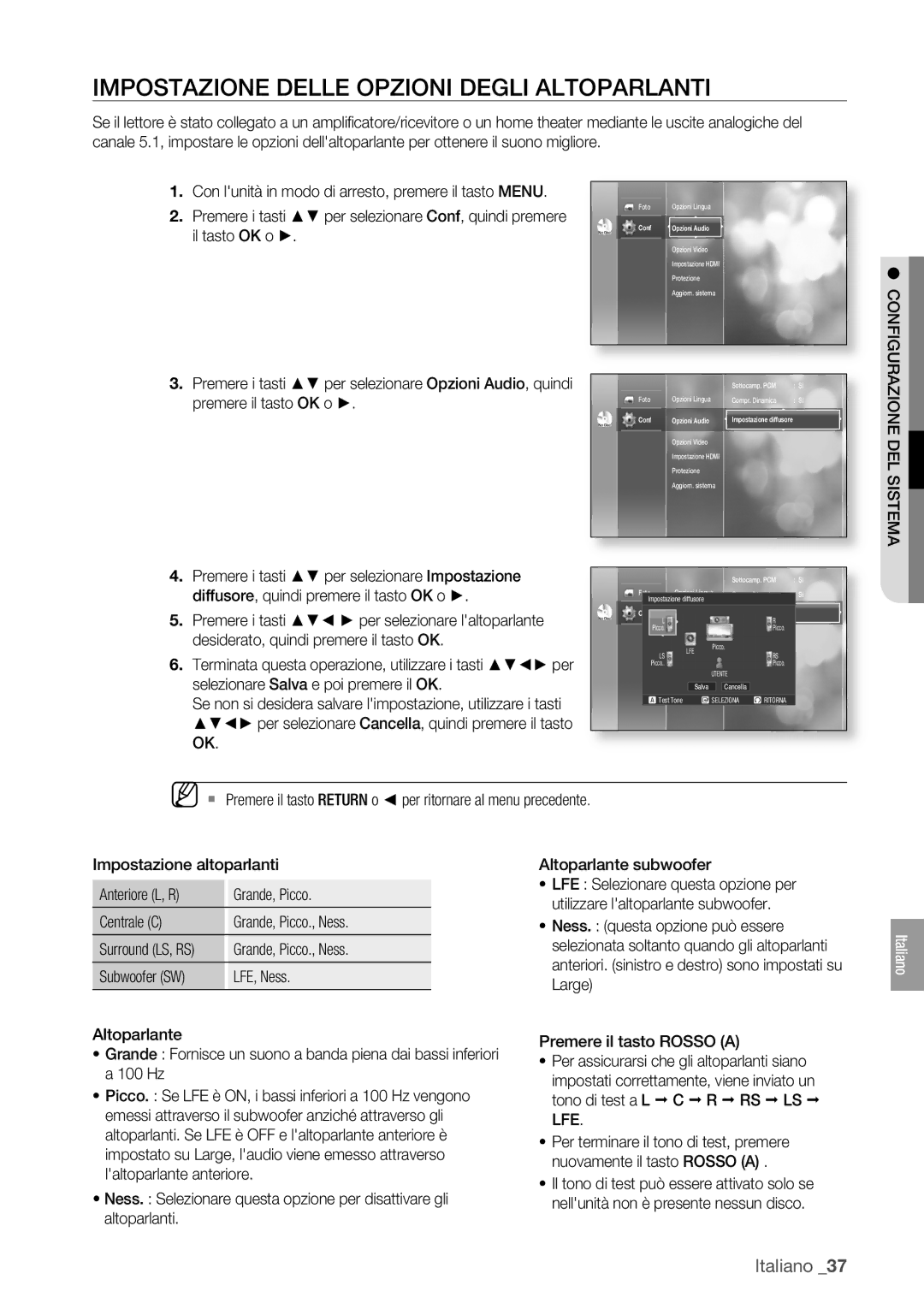 Samsung BD-P1400/XET manual Impostazione Delle Opzioni Degli Altoparlanti 