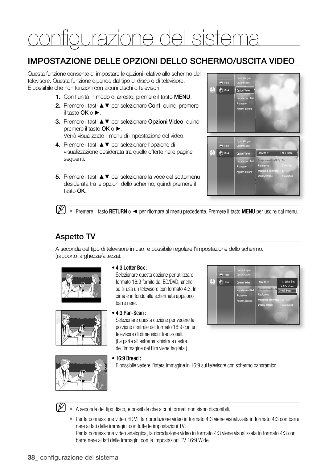 Samsung BD-P1400/XET manual Impostazione Delle Opzioni Dello SCHERMO/USCITA Video, Aspetto TV, Pan-Scan, Breed 