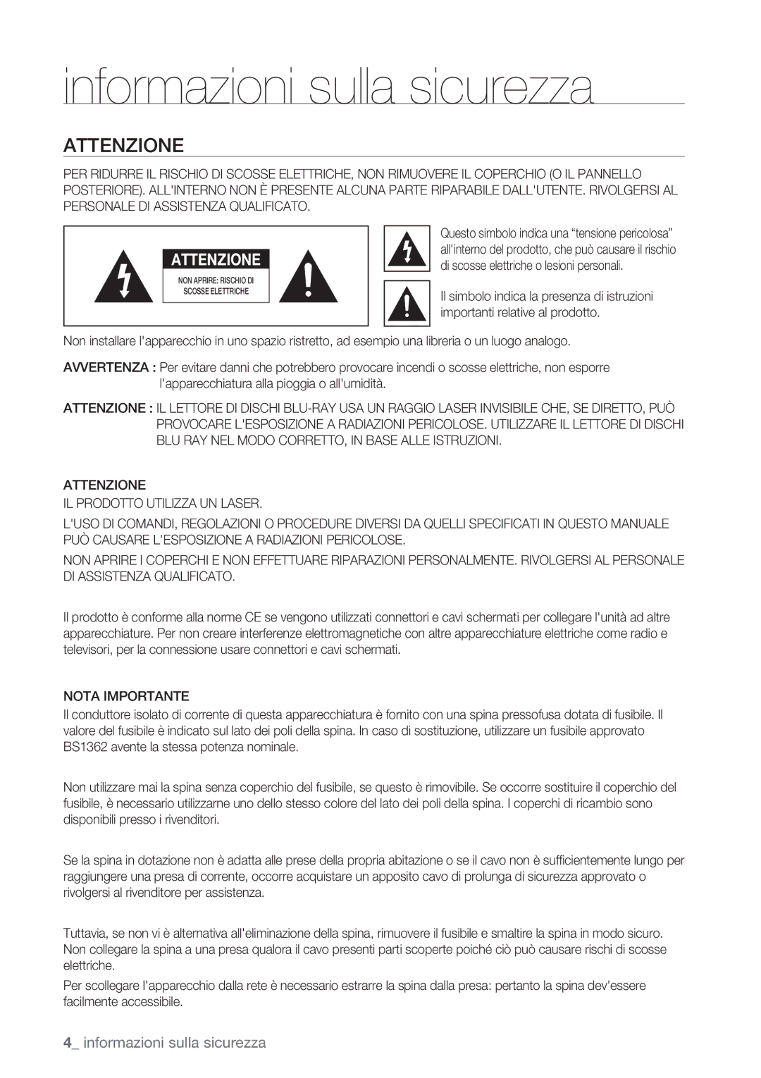 Samsung BD-P1400/XET manual Informazioni sulla sicurezza, Attenzione, Nota Importante 