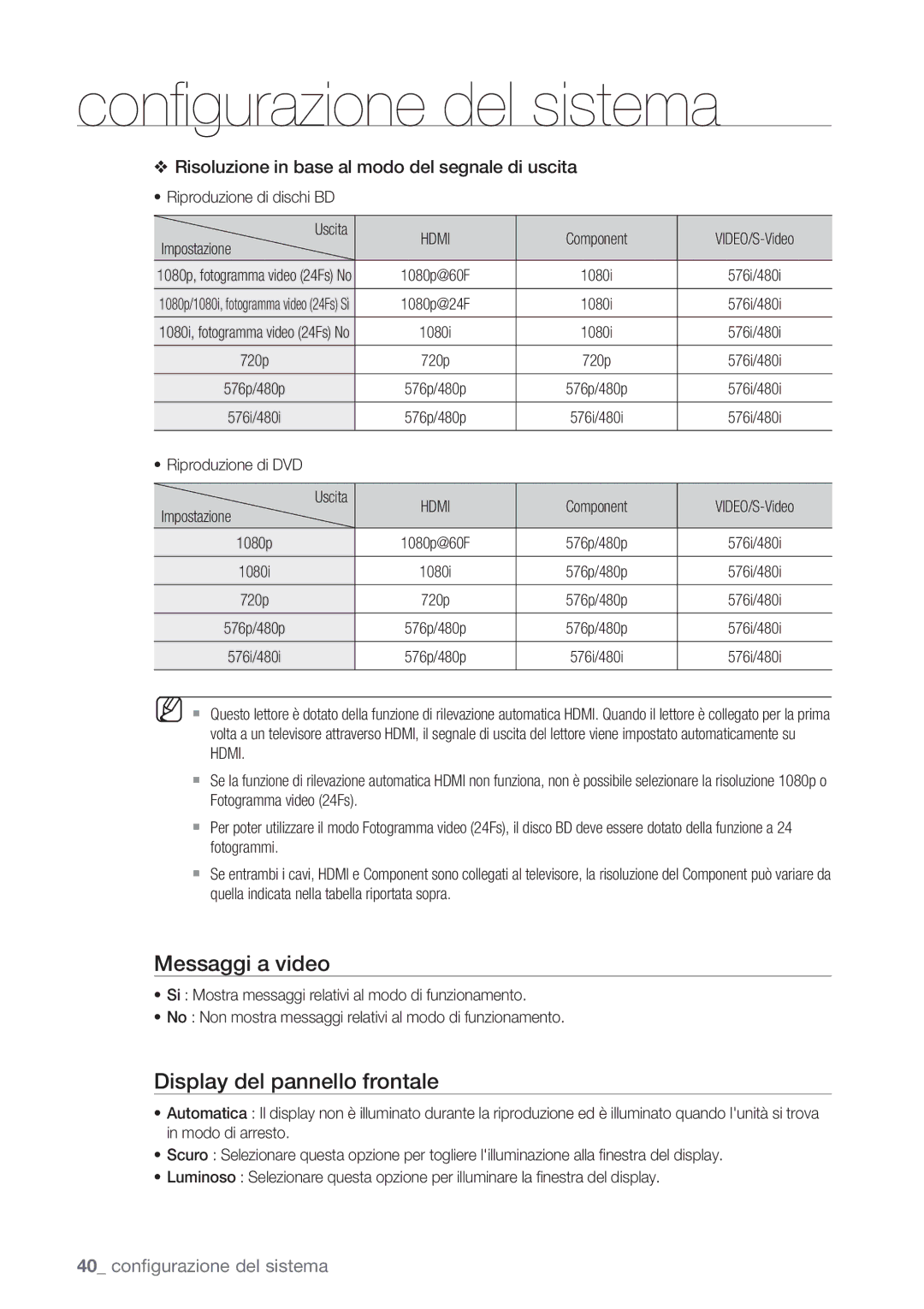 Samsung BD-P1400/XET manual Messaggi a video, Display del pannello frontale, Riproduzione di dischi BD, Riproduzione di DVD 