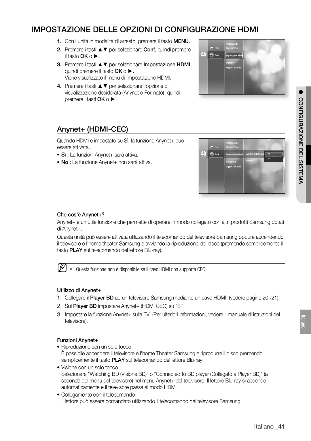 Samsung BD-P1400/XET manual Impostazione Delle Opzioni DI Configurazione Hdmi, Anynet+ HDMI-CEC 