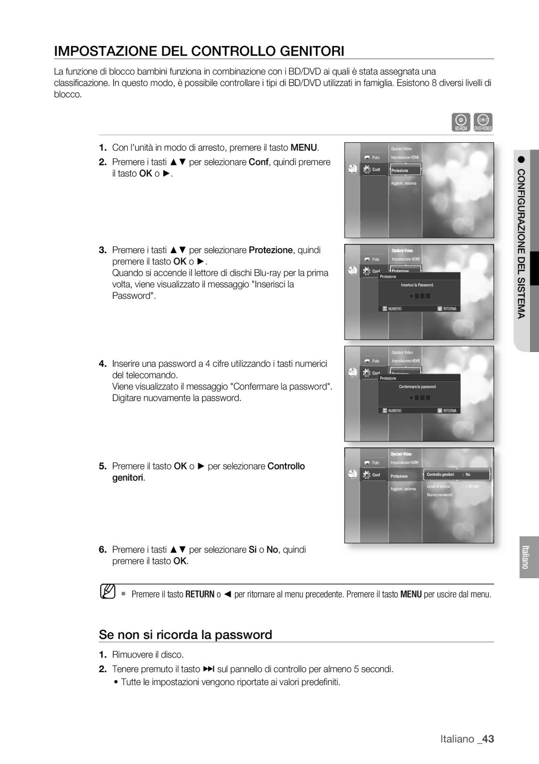 Samsung BD-P1400/XET manual Impostazione DEL Controllo Genitori, Se non si ricorda la password, DEL Sistema 