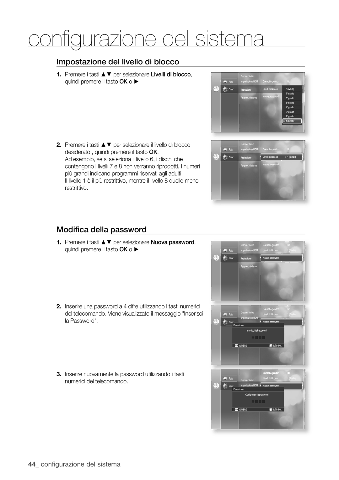 Samsung BD-P1400/XET manual Impostazione del livello di blocco, Modiﬁca della password 