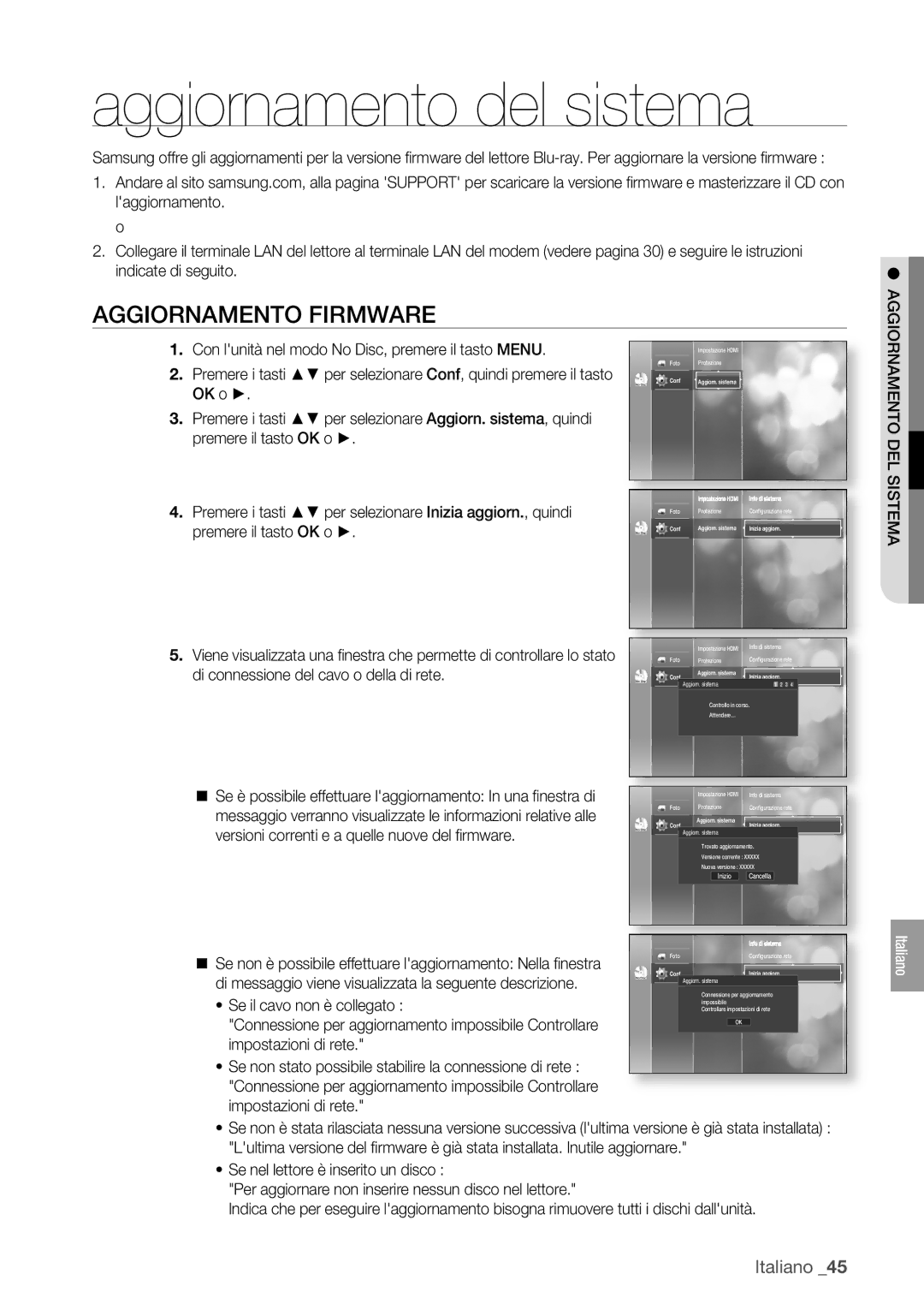 Samsung BD-P1400/XET manual Aggiornamento del sistema, Aggiornamento Firmware, Aggiornamento DEL Sistema 