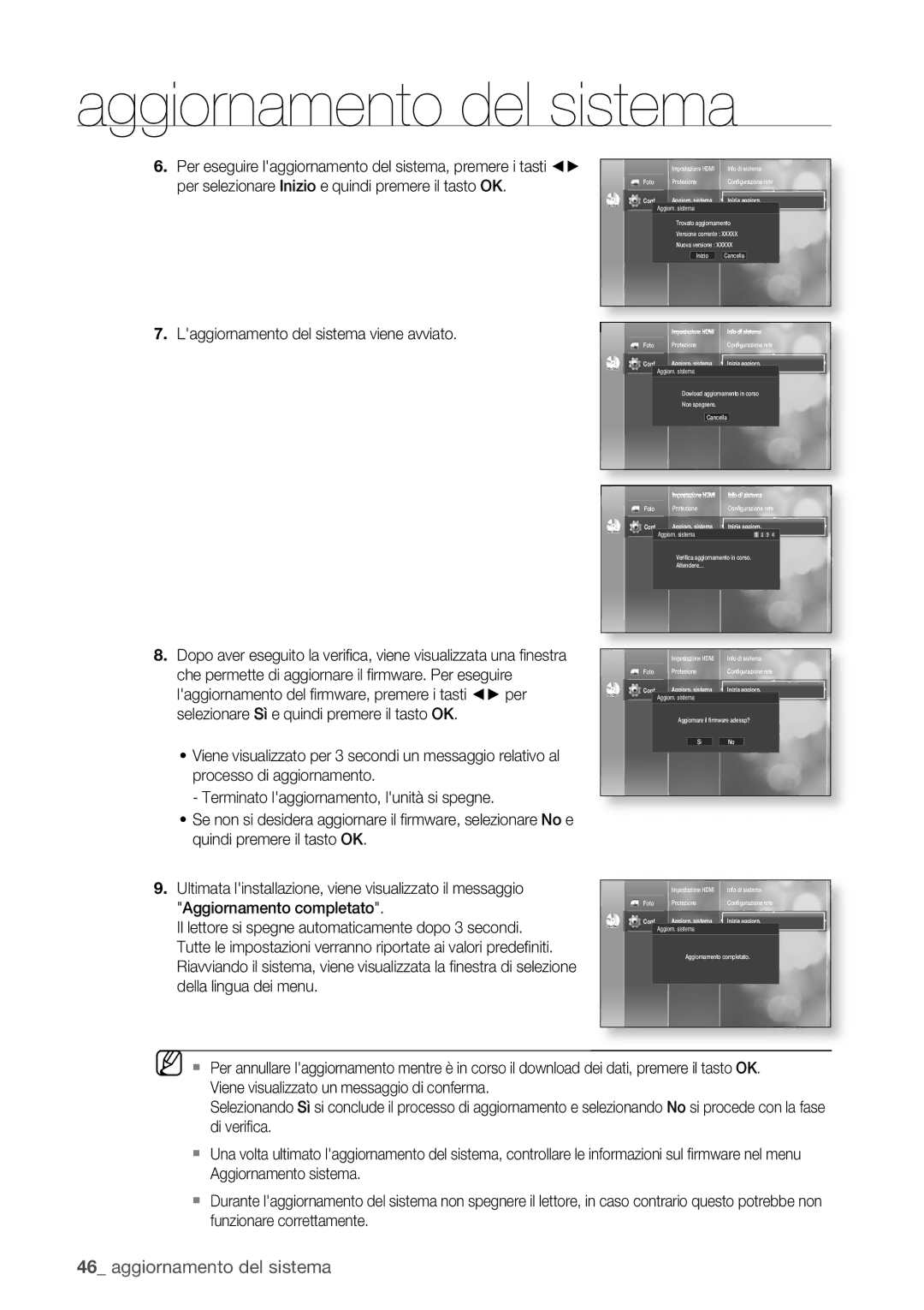 Samsung BD-P1400/XET manual Laggiornamento del sistema viene avviato, Aggiorn. sistema Inizia aggiorn Conf 