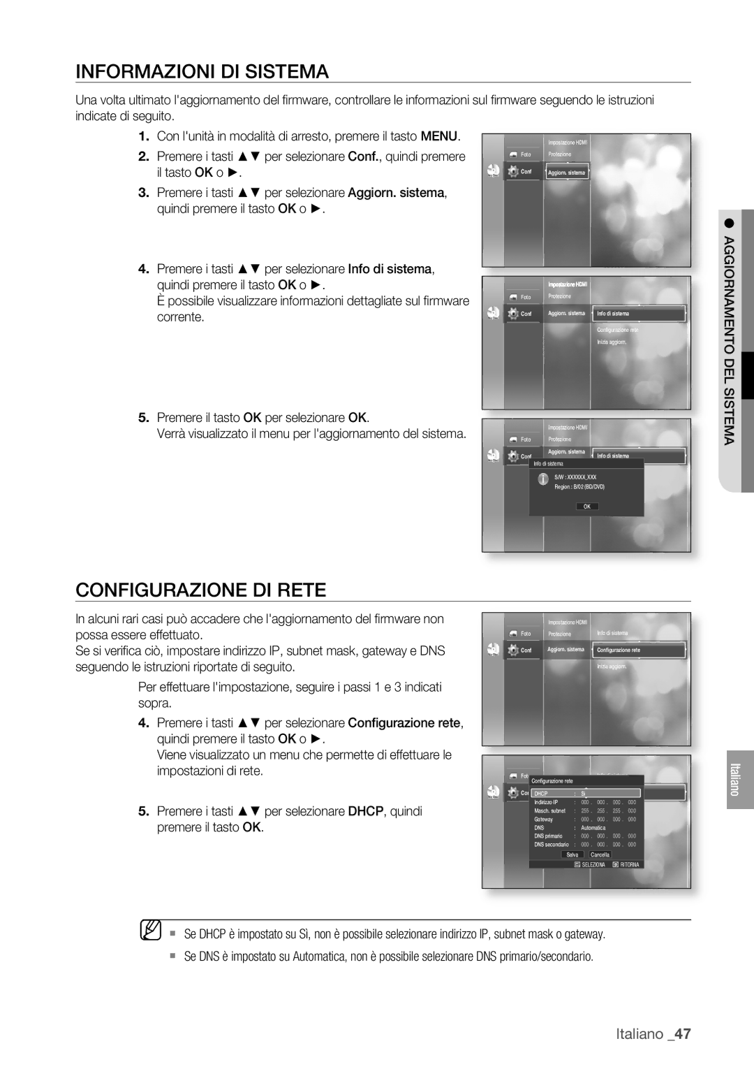 Samsung BD-P1400/XET manual Informazioni DI Sistema, Configurazione DI Rete, Quindi premere il tasto OK o, Corrente 