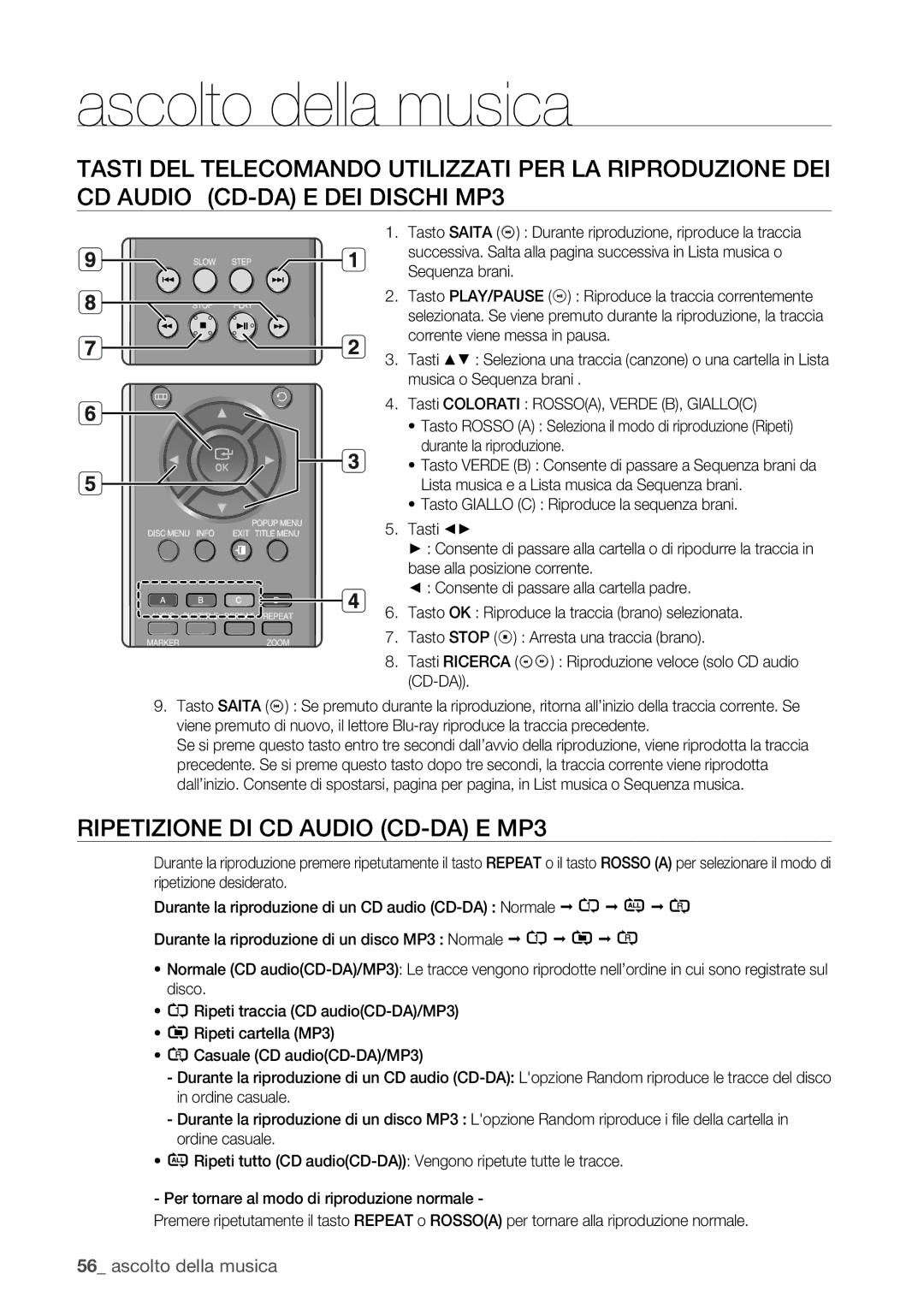 Samsung BD-P1400/XET manual Ripetizione DI CD Audio CD-DA E MP3 