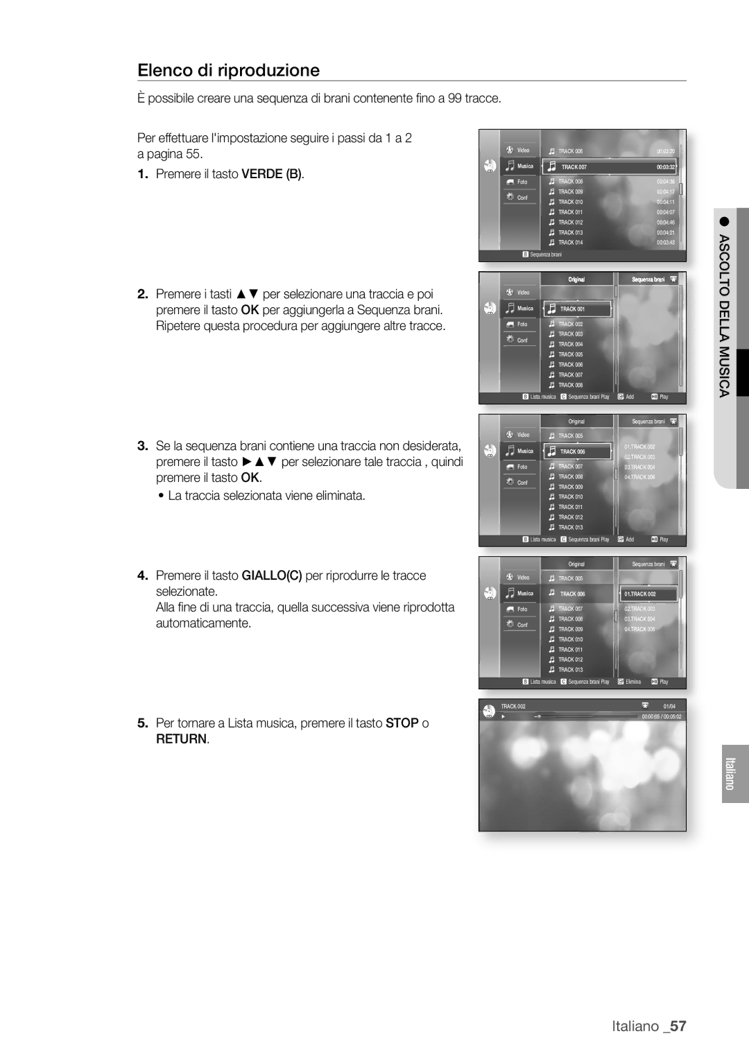 Samsung BD-P1400/XET manual Elenco di riproduzione, Ascolto Della Musica 