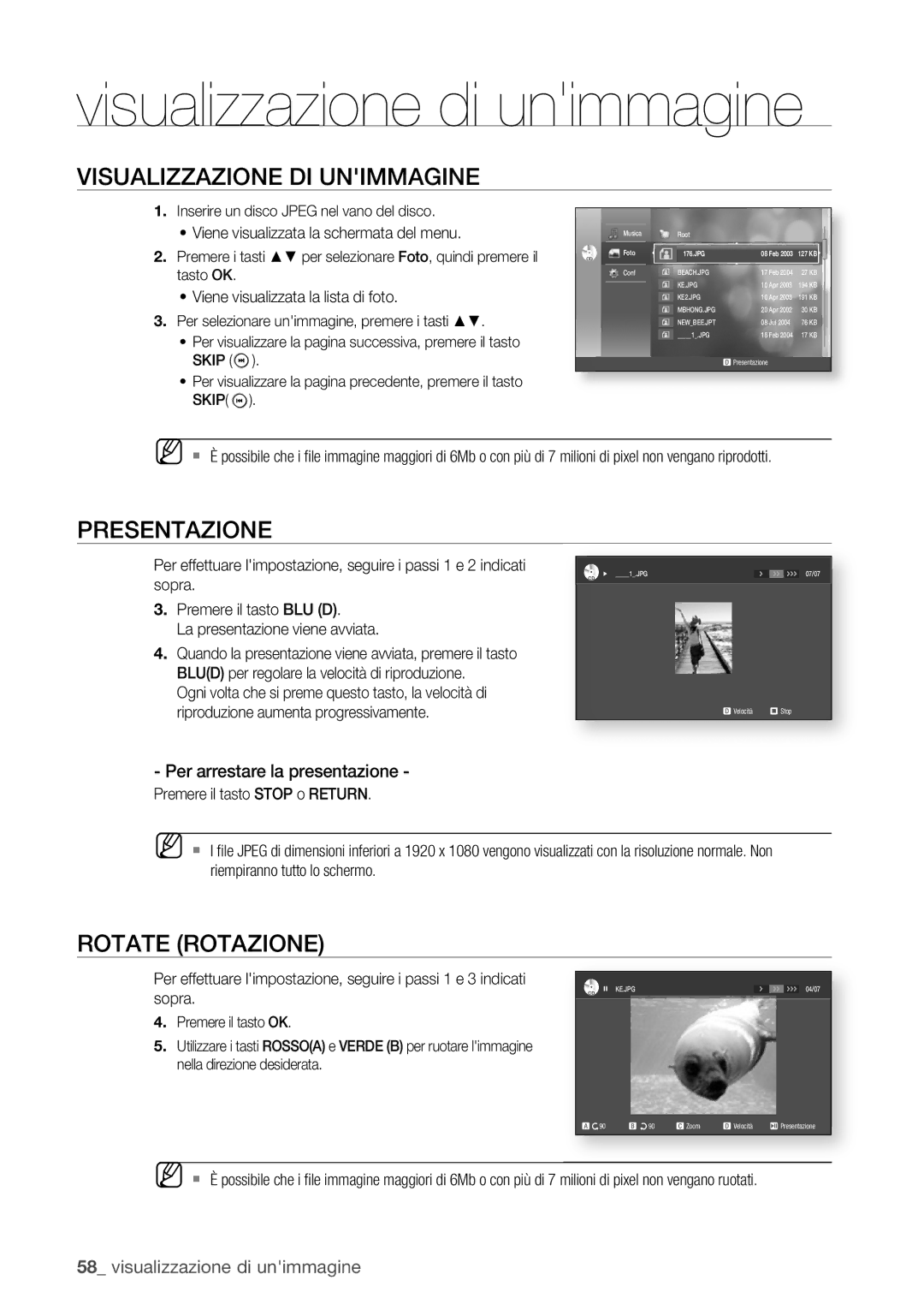 Samsung BD-P1400/XET manual Visualizzazione di unimmagine, Visualizzazione DI Unimmagine, Presentazione, Rotate Rotazione 