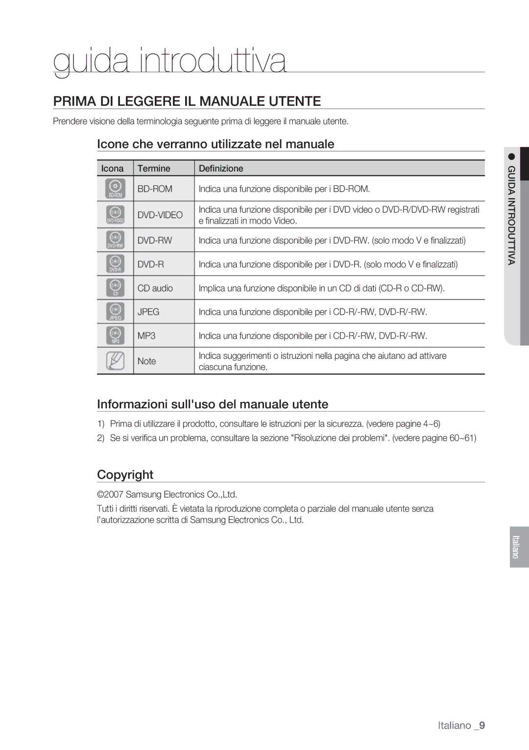 Samsung BD-P1400/XET Guida introduttiva, Prima DI Leggere IL Manuale Utente, Icone che verranno utilizzate nel manuale 