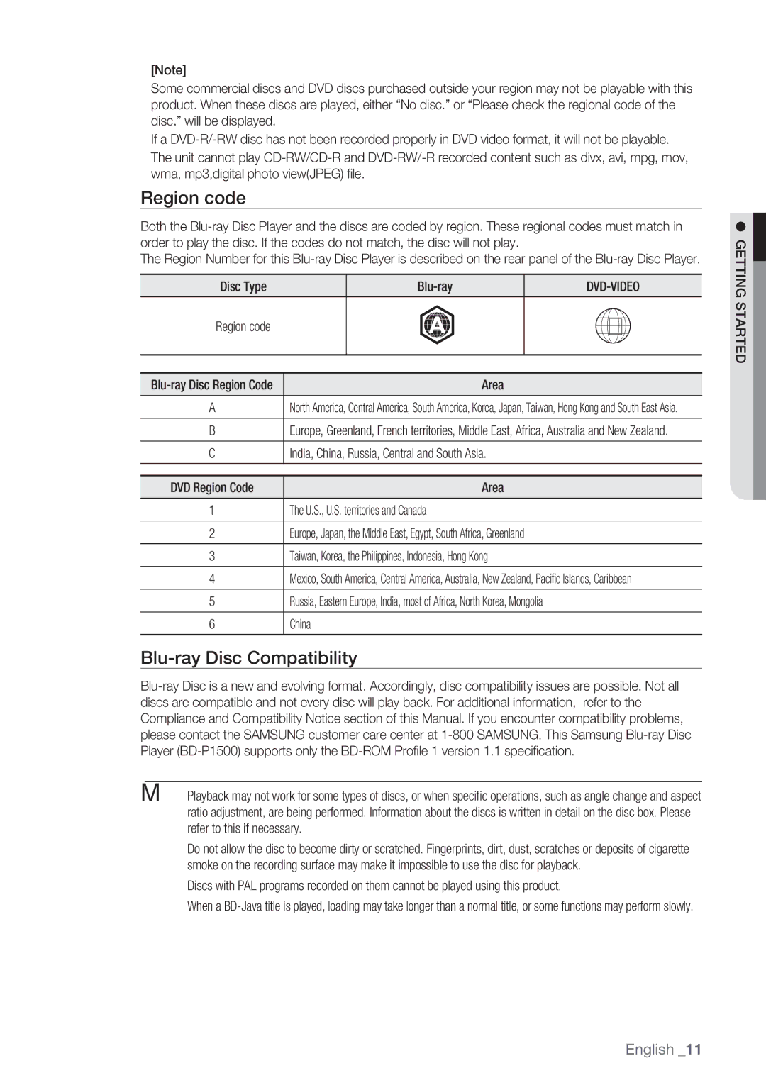 Samsung BD-P1500 user manual Blu-ray Disc Compatibility, Disc Type Blu-ray, Region code Blu-ray Disc Region Code Area 