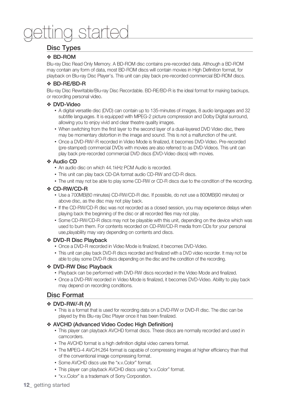 Samsung BD-P1500 user manual Disc Types, Disc Format 