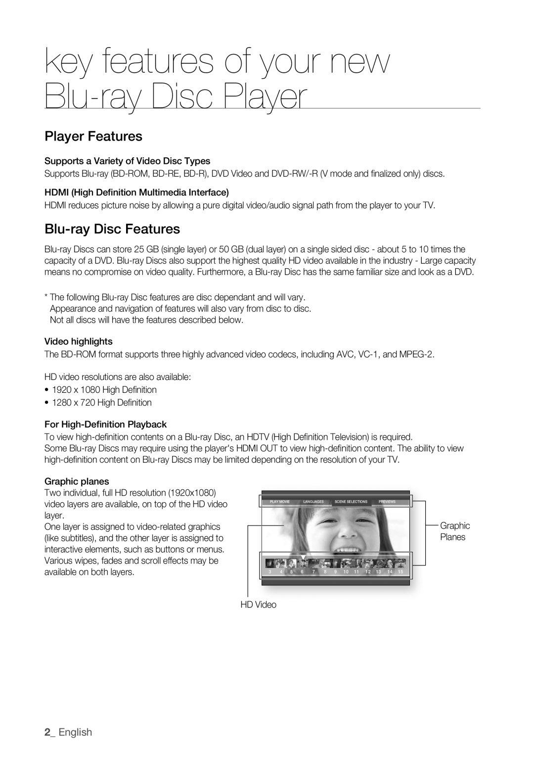 Samsung BD-P1500 user manual Player Features, Blu-ray Disc Features, HD Video Graphic Planes 