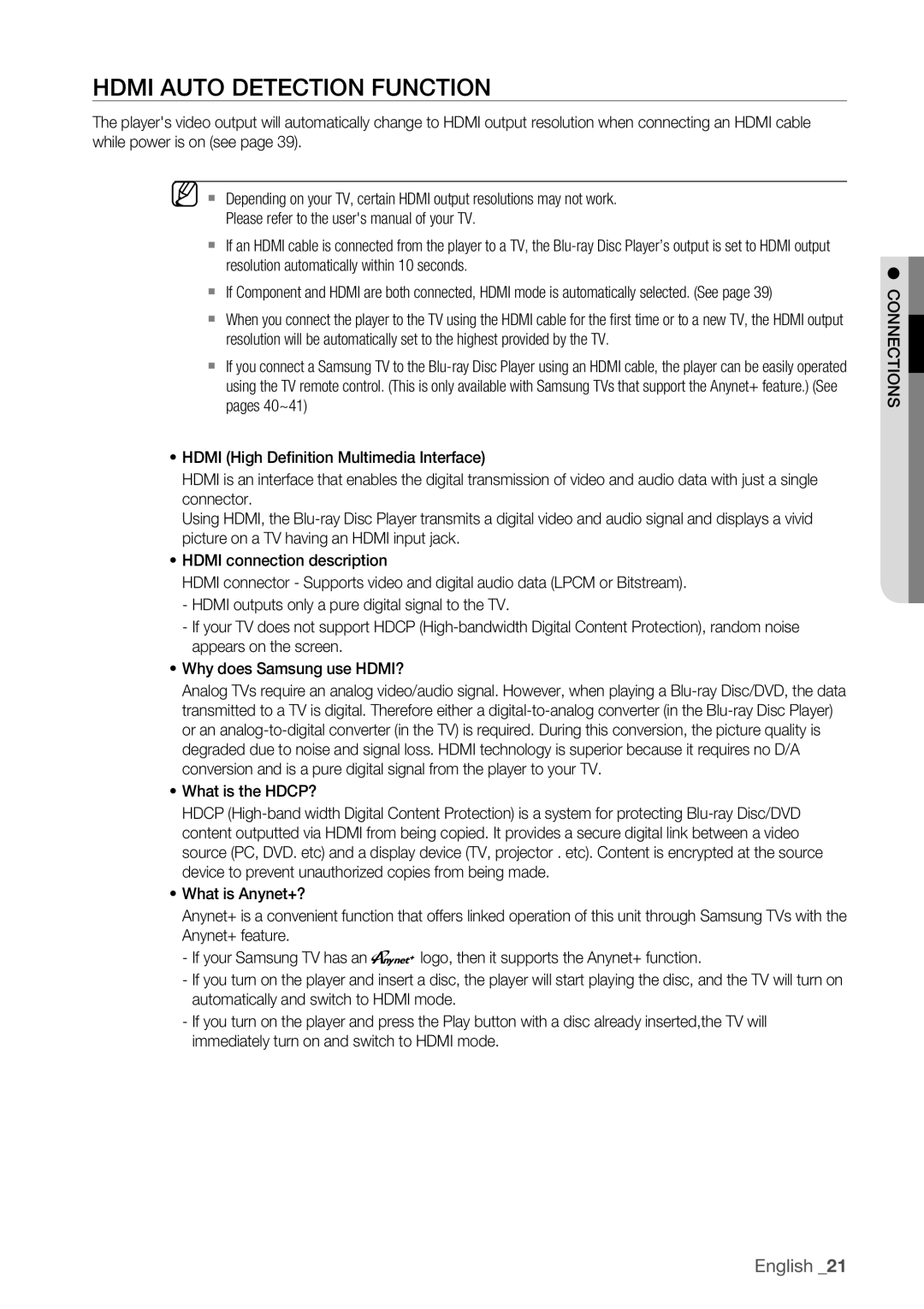 Samsung BD-P1500 user manual Hdmi Auto Detection Function, ~ What is the HDCP? 