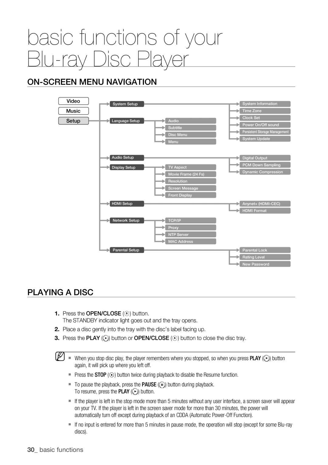 Samsung BD-P1500 user manual On-Screen Menu Navigation, Playing a Disc 