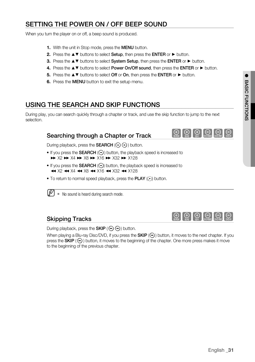 Samsung BD-P1500 user manual Setting the Power On / Off Beep sound, Using the Search and Skip Functions, Skipping Tracks 