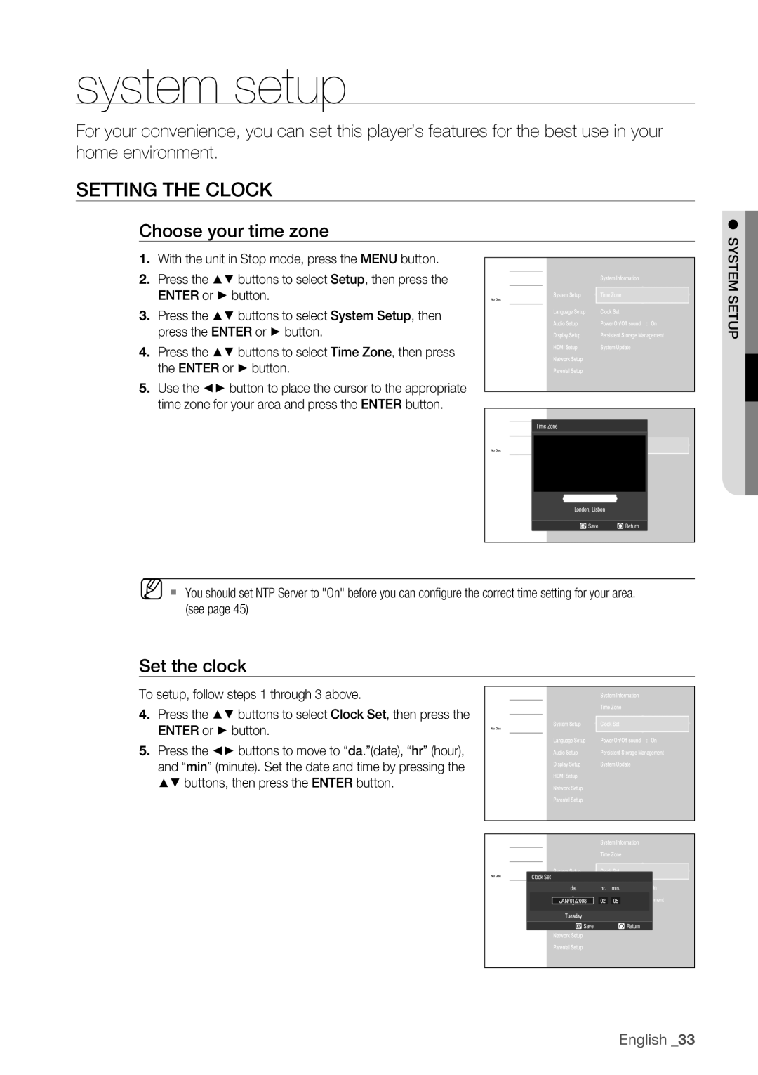 Samsung BD-P1500 user manual System setup, Setting the Clock, Choose your time zone, Set the clock 