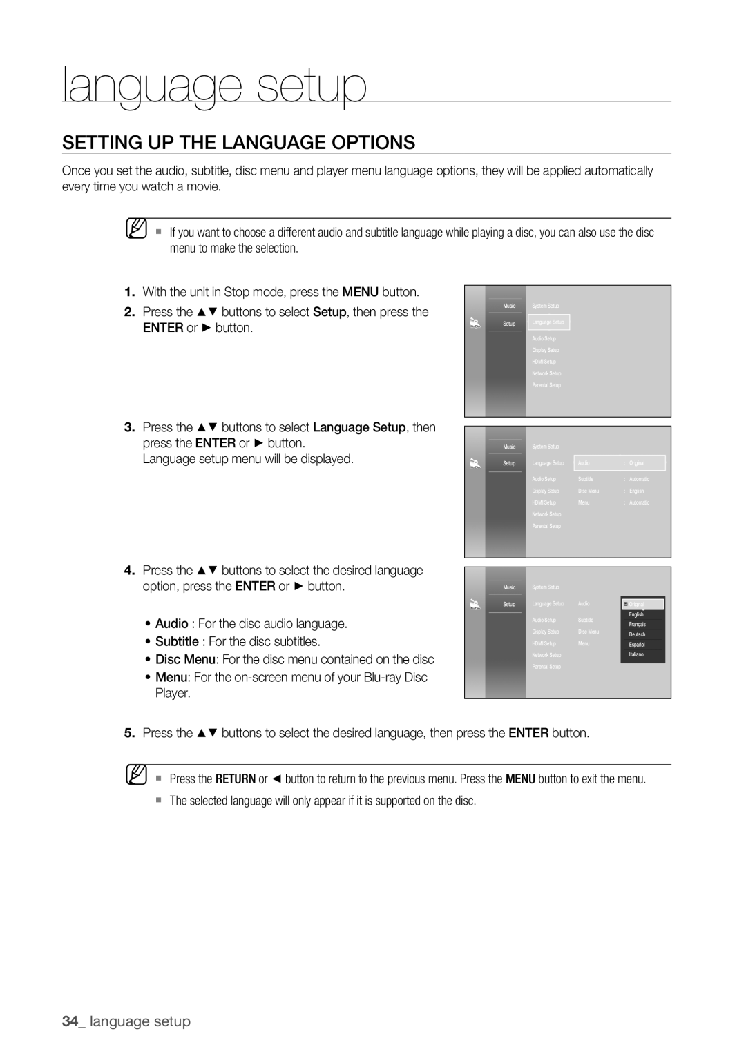 Samsung BD-P1500 user manual Language setup, Setting up the Language Options 