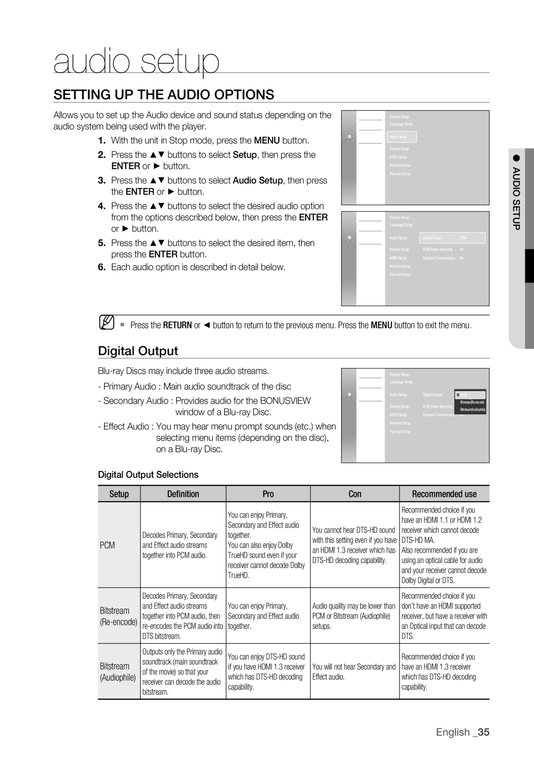 Samsung BD-P1500 user manual Audio setup, Setting up the Audio Options, Digital Output, Pcm 