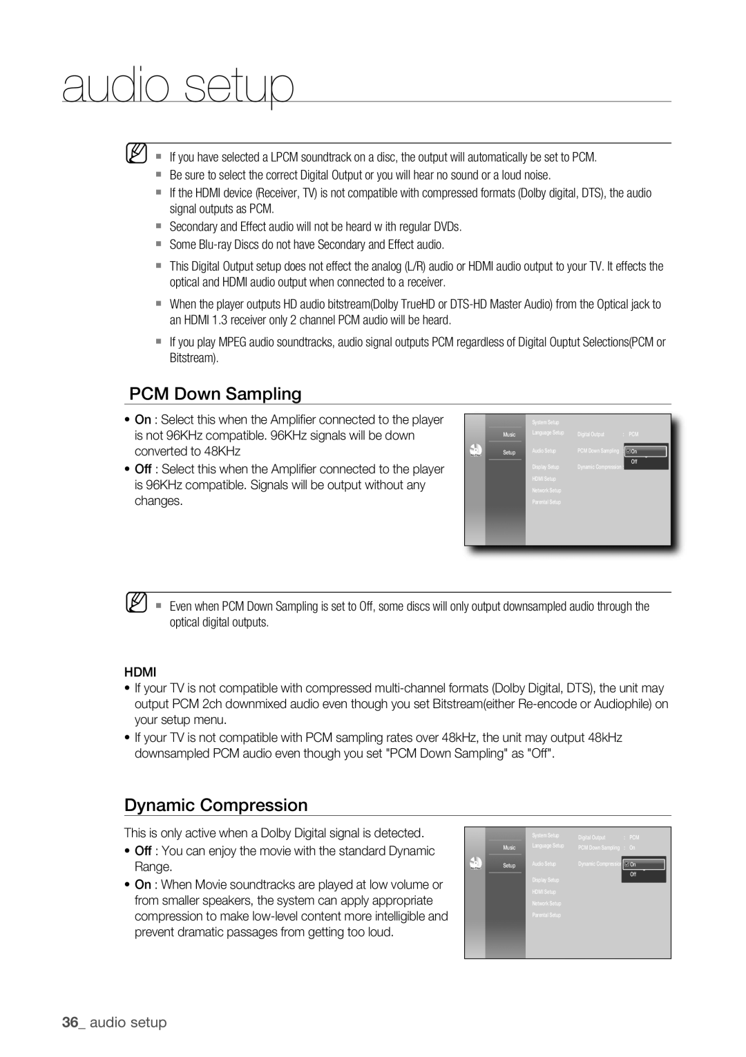 Samsung BD-P1500 user manual PCM Down Sampling, Dynamic Compression, Hdmi 