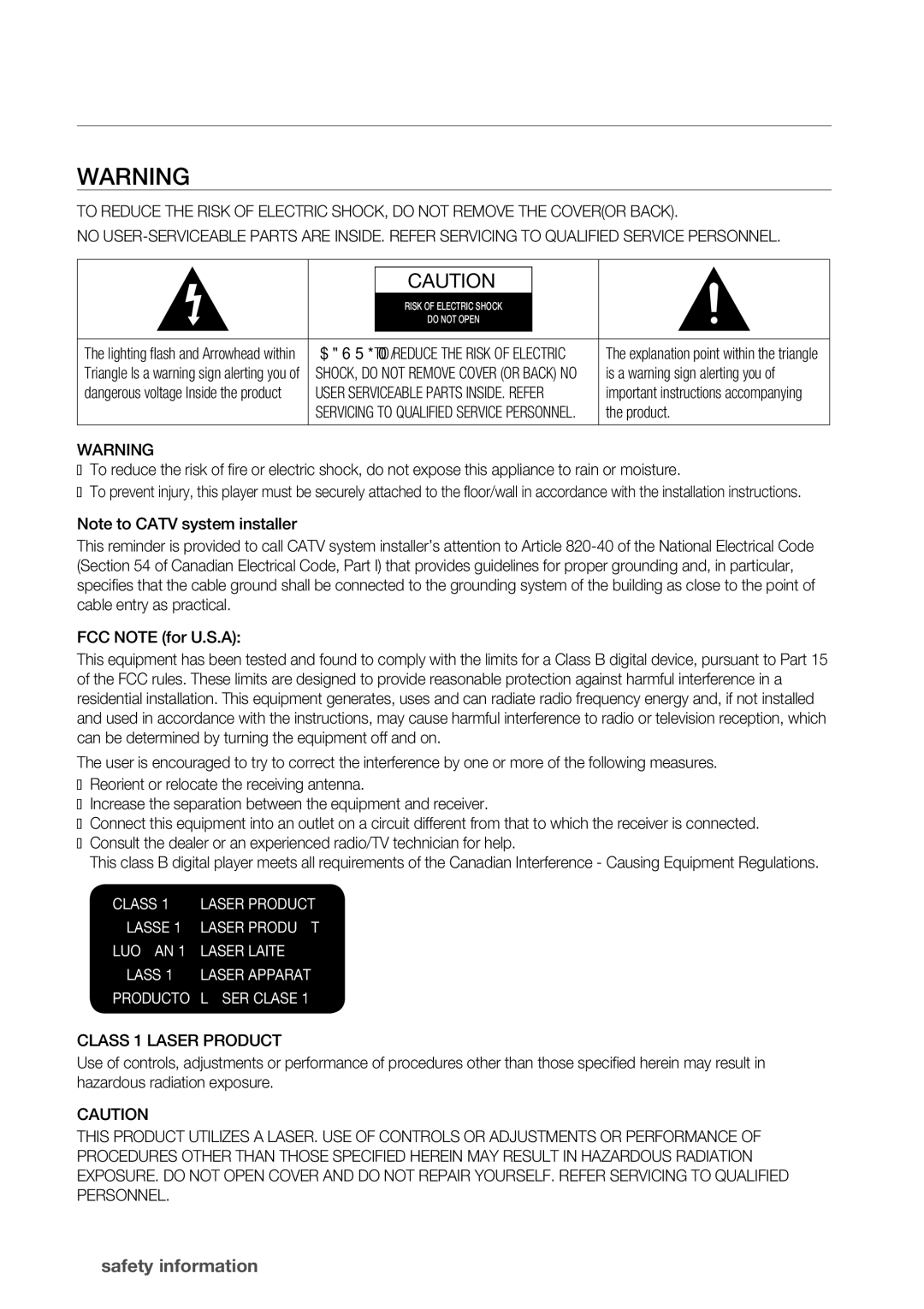 Samsung BD-P1500 user manual Safety information, Class 1 Laser Product 