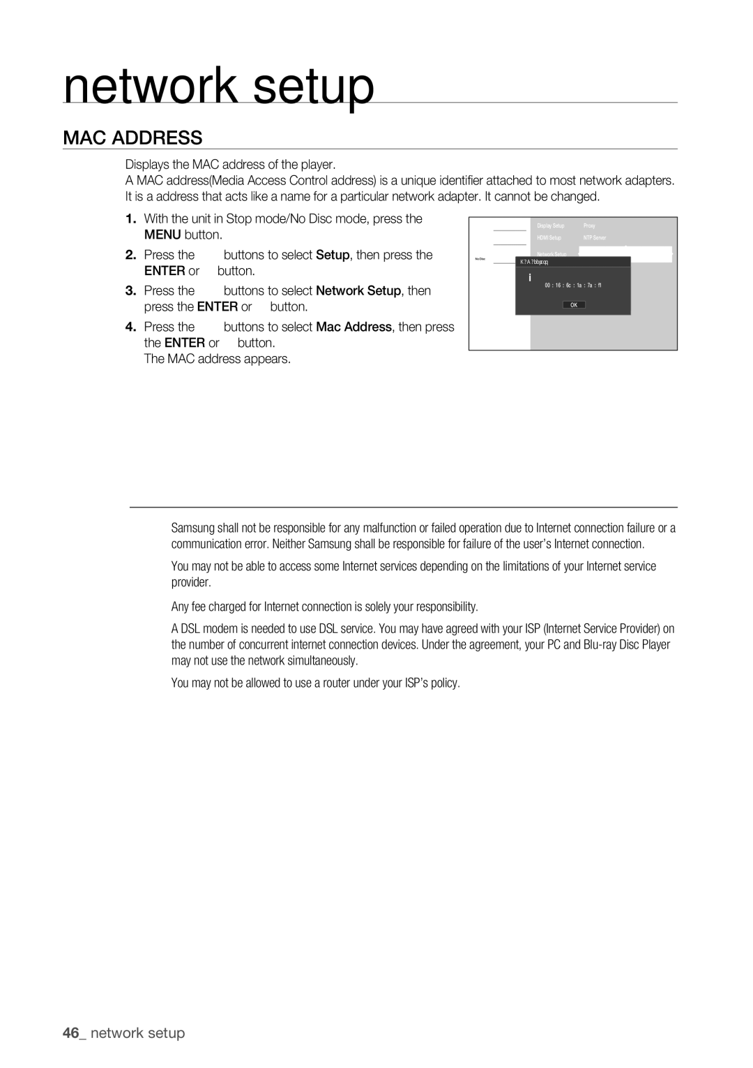 Samsung BD-P1500 user manual Network setup, Mac Address, Displays the MAC address of the player 