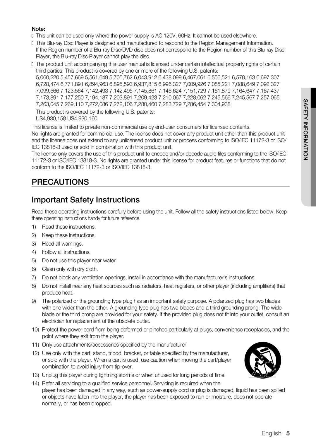 Samsung BD-P1500 user manual Precautions Important Safety Instructions 