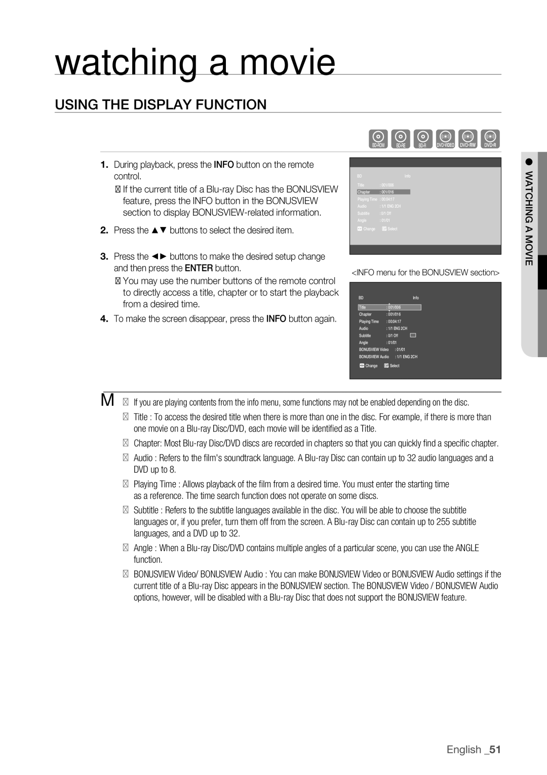 Samsung BD-P1500 user manual Watching a movie, Using the Display Function 