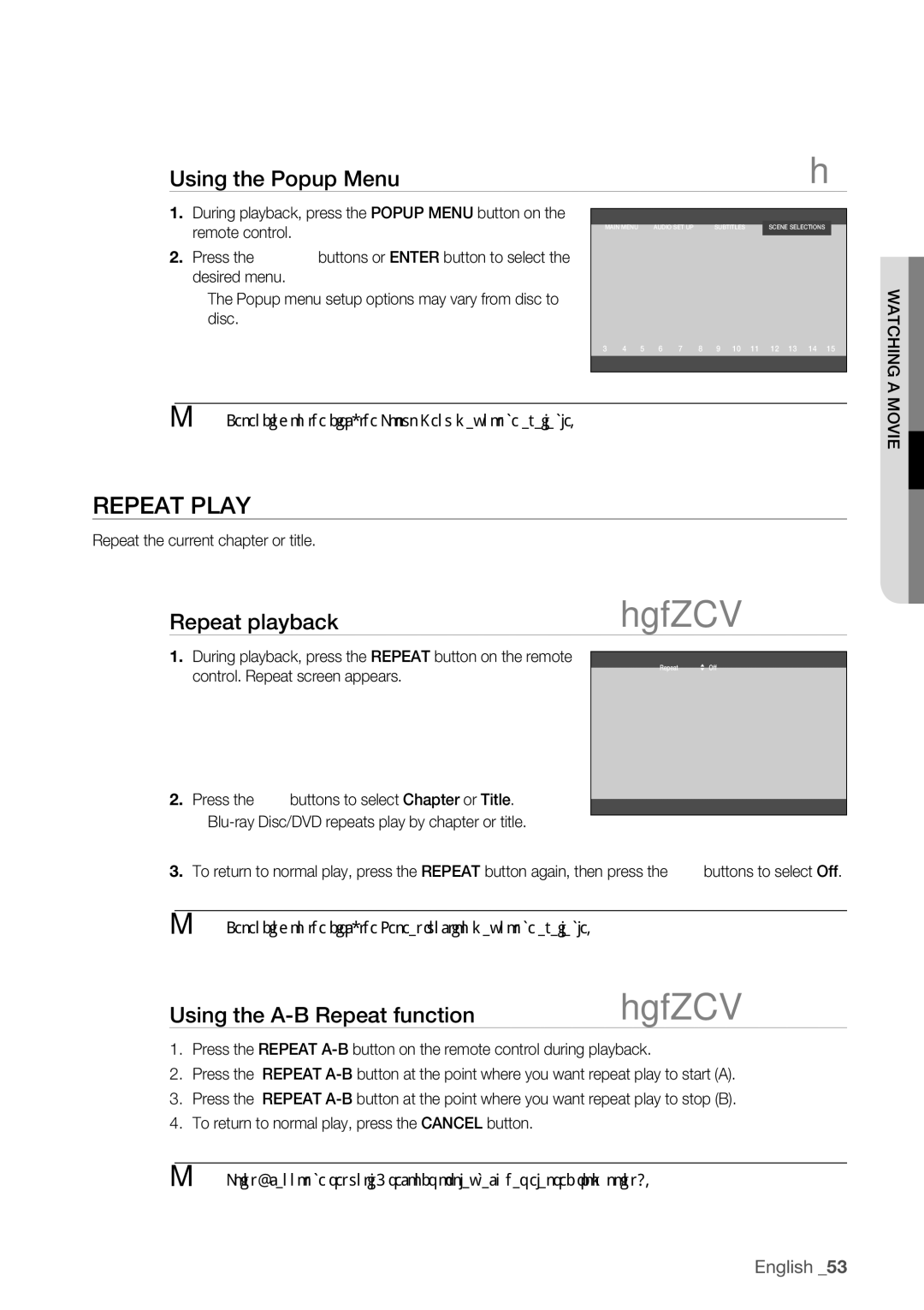 Samsung BD-P1500 user manual Repeat Play, Using the Popup Menu, Repeat playback, Using the A-B Repeat function 