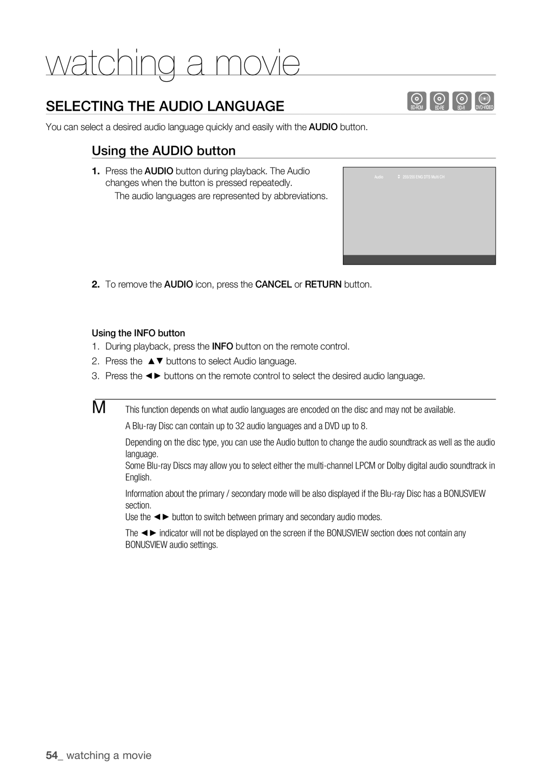 Samsung BD-P1500 user manual Selecting the Audio Language, Using the Audio button 