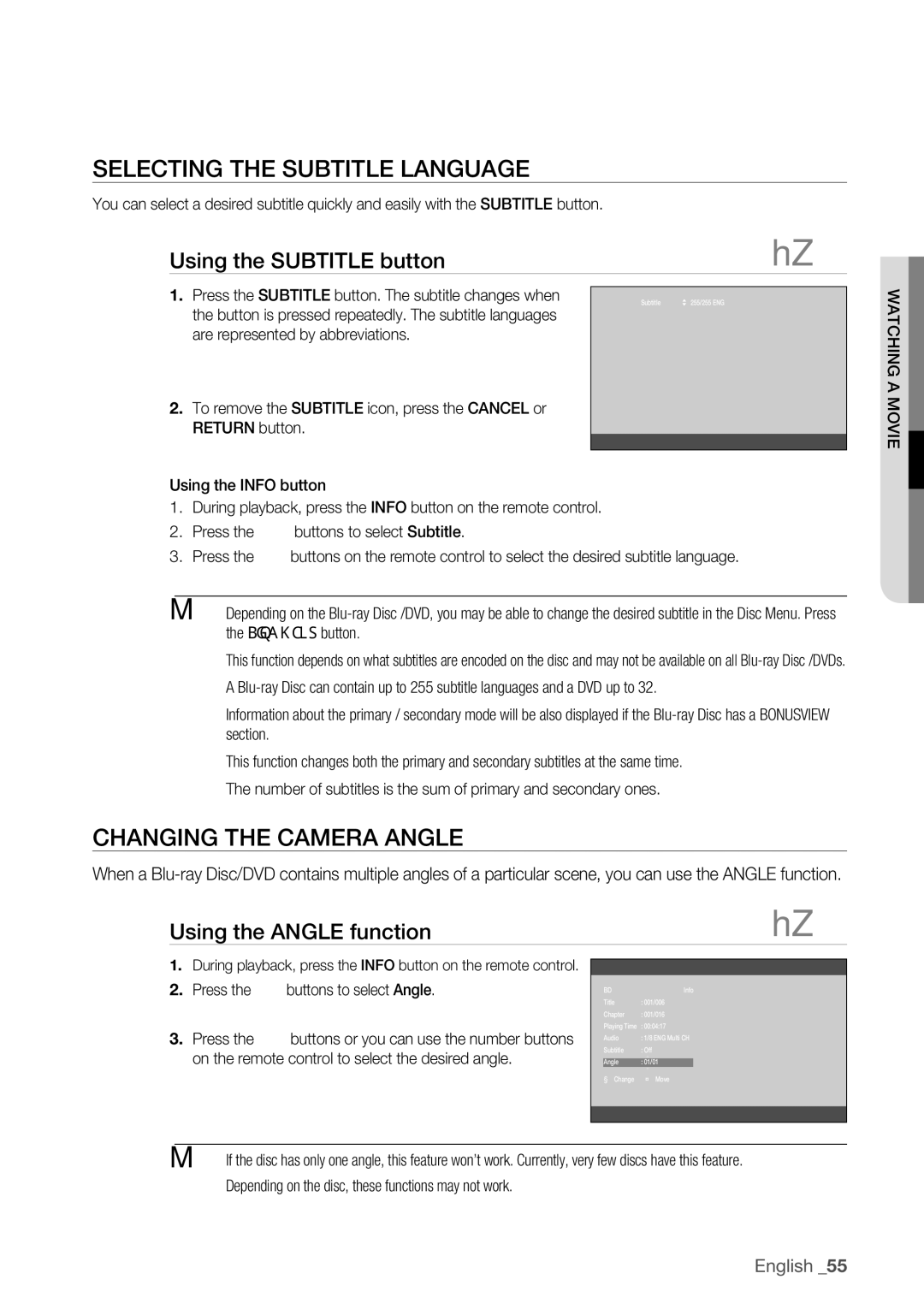 Samsung BD-P1500 user manual Selecting the Subtitle Language, Changing the Camera Angle, Using the Subtitle button, Amovie 