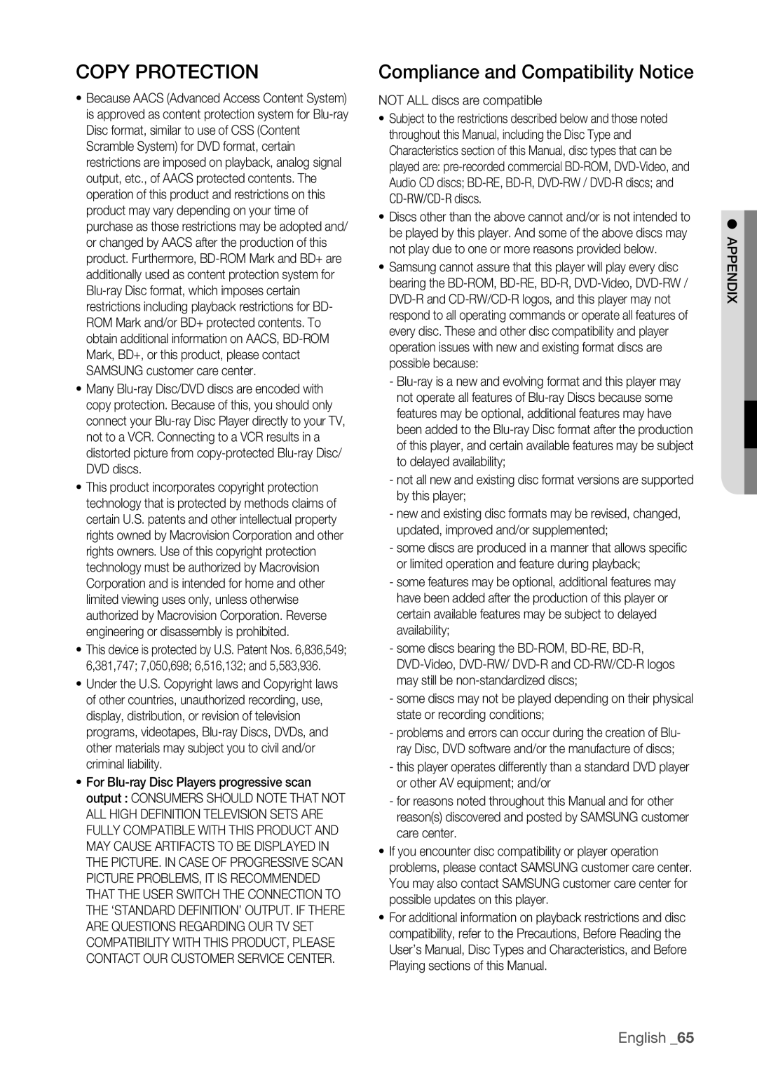 Samsung BD-P1500 user manual Compliance and Compatibility Notice, Not ALL discs are compatible, Appendi 