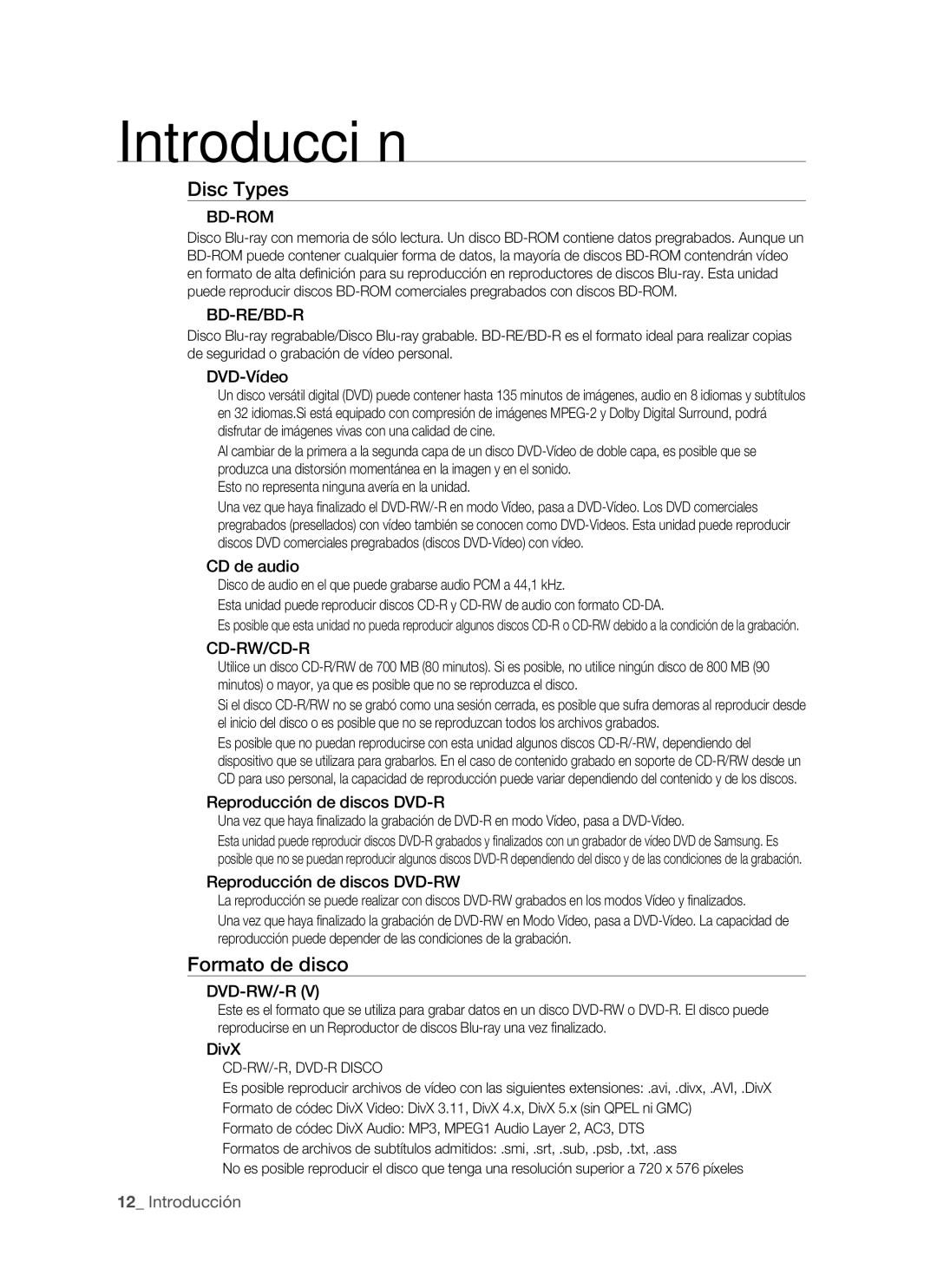 Samsung BD-P1500/EDC Disc Types, Formato de disco, Esto no representa ninguna avería en la unidad, CD-RW/-R, DVD-R Disco 