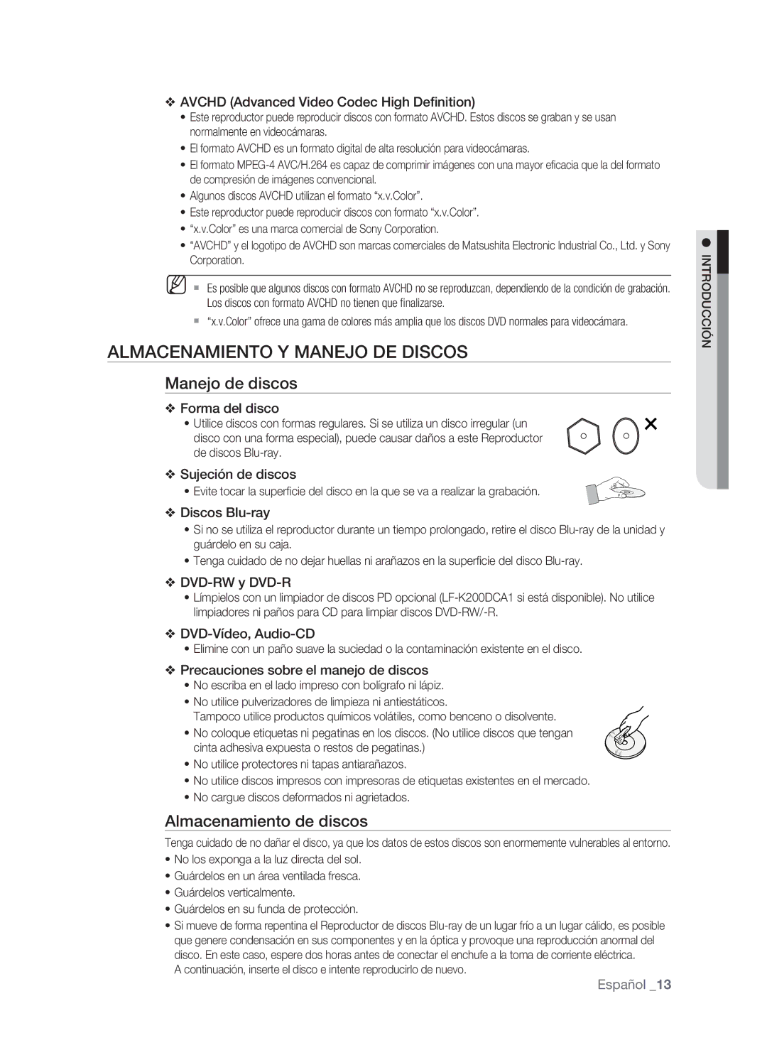 Samsung BD-P1500/XEC, BD-P1500/EDC manual Almacenamiento Y Manejo DE Discos, Manejo de discos, Almacenamiento de discos 