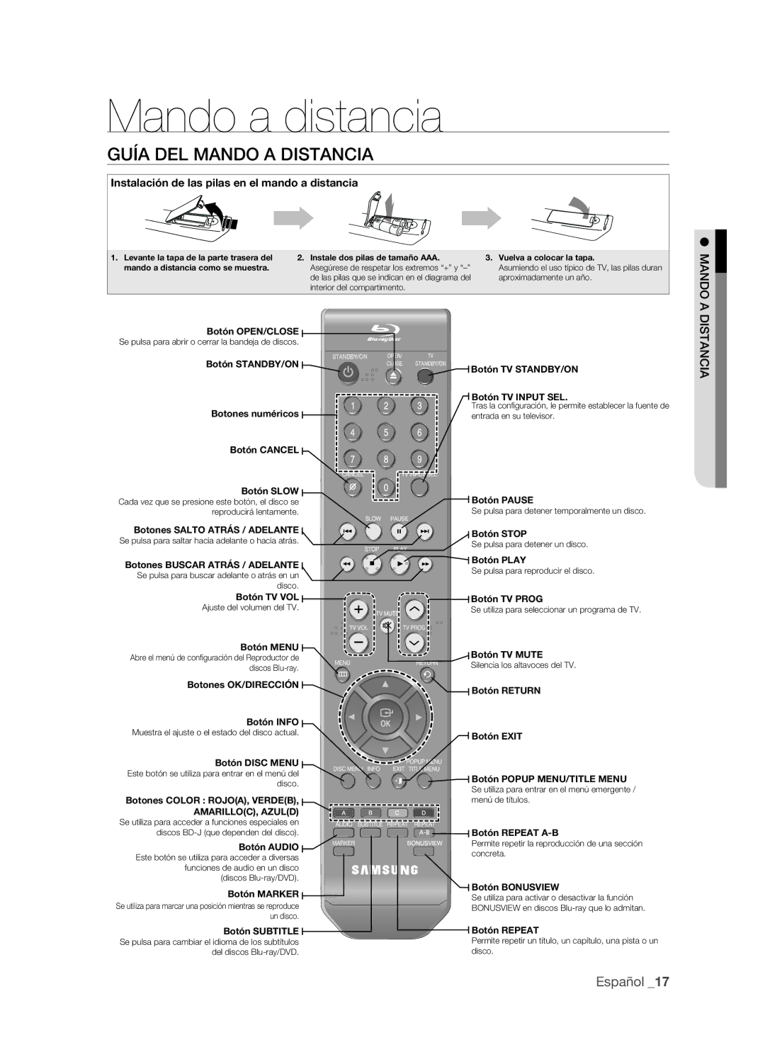 Samsung BD-P1500/XEC, BD-P1500/EDC manual Mando a distancia, Guía DEL Mando a Distancia 