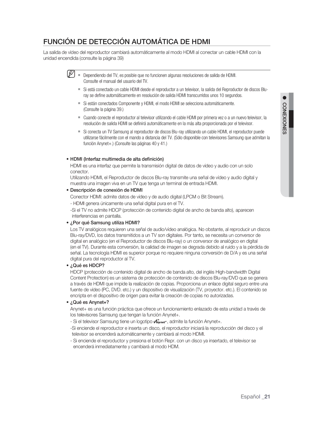 Samsung BD-P1500/XEC, BD-P1500/EDC manual Función DE Detección Automática DE Hdmi, Conexiones 